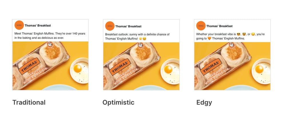 3 social media mockups for Thomas' English Muffins: traditional, optimistic, and edgy.